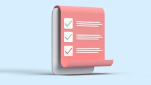 3D illustration of a checklist with checkmarks on a rolled paper sheet against a blue backdrop.